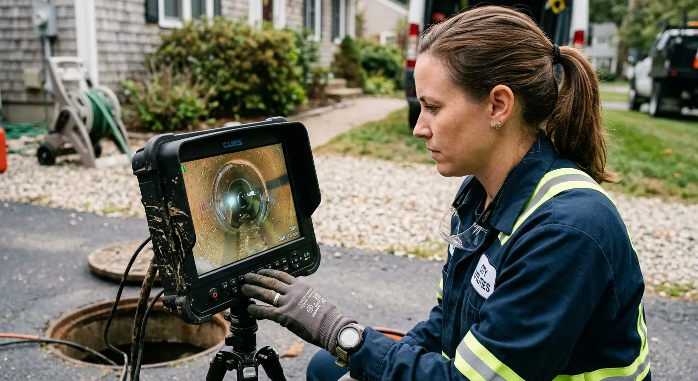 Technician reviewing sewer camera inspection footage in Eloy