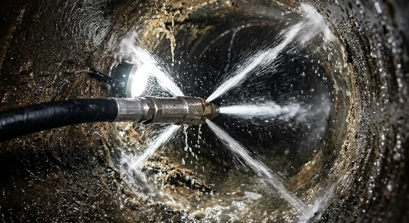High-pressure hydro jetting nozzle cleaning sewer pipe for Emergency Drain Service in Eloy