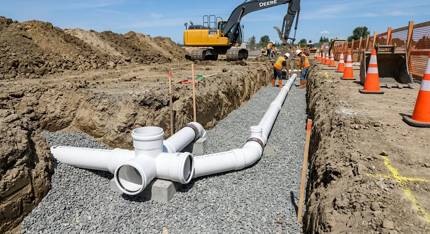 New PVC sewer pipe installation in open trench for Commercial Drain Cleaning in Eloy