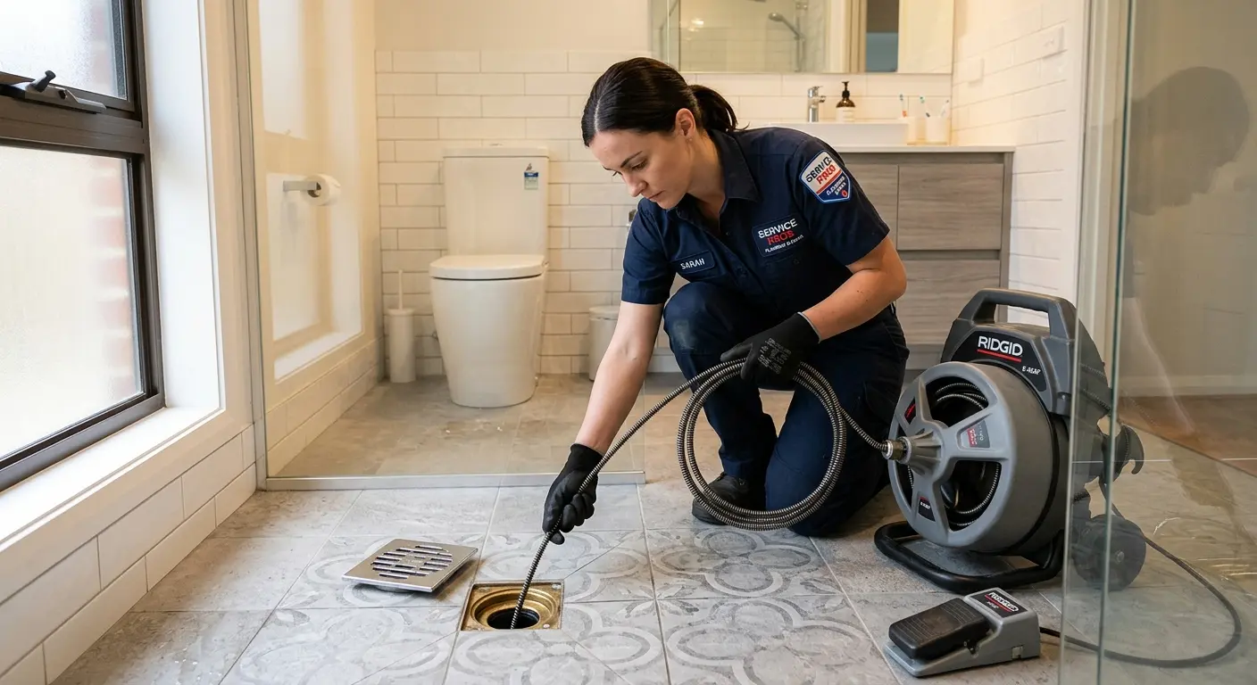 Technician clearing a bathroom floor drain for Drain Repair in Eloy